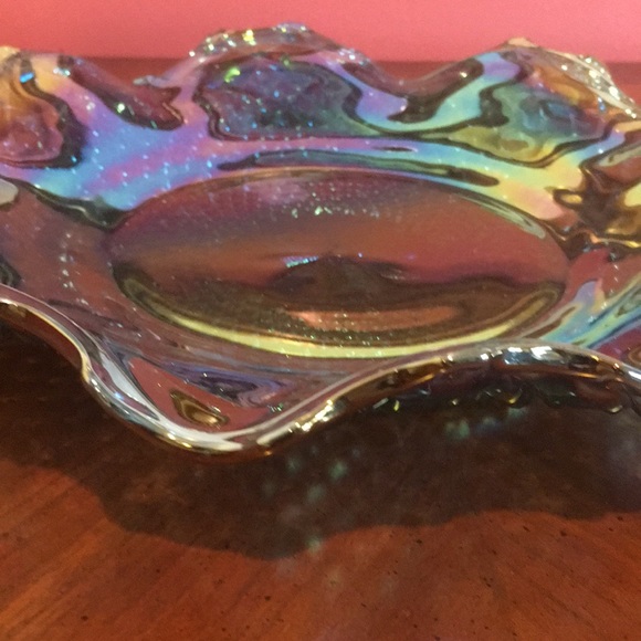 Vintage Indiana Glass Blue Iridescent Diamond Point Ruffled Trim Hostess Plate - Picture 5 of 13